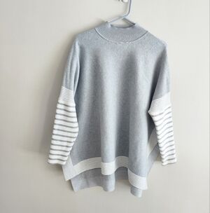 Zenana Gray and White Striped  poncho Sweater
